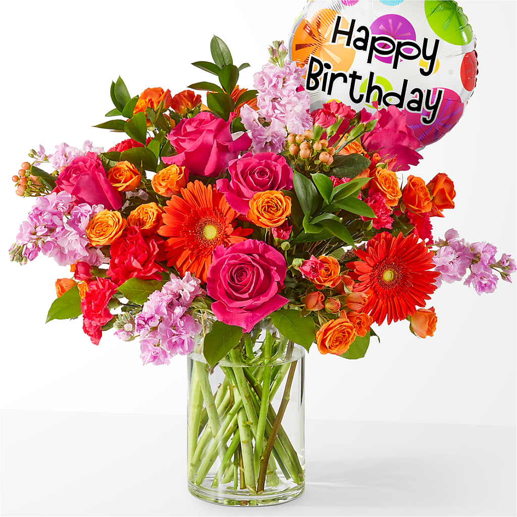 Fiesta Bouquet with Birthday Balloon – Flowers By Elena, Methuen MA