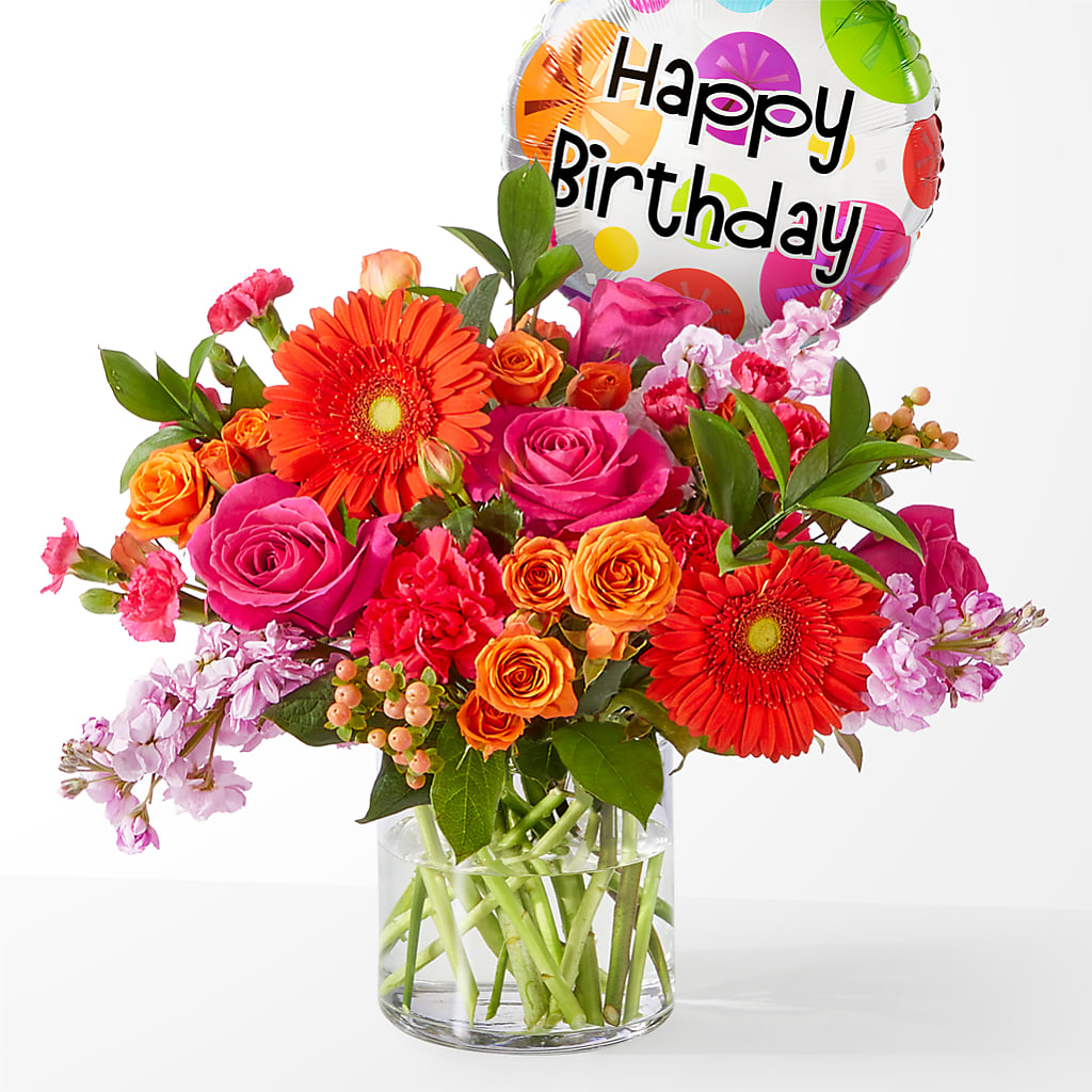 Fiesta Bouquet with Birthday Balloon – Flowers By Elena, Methuen MA