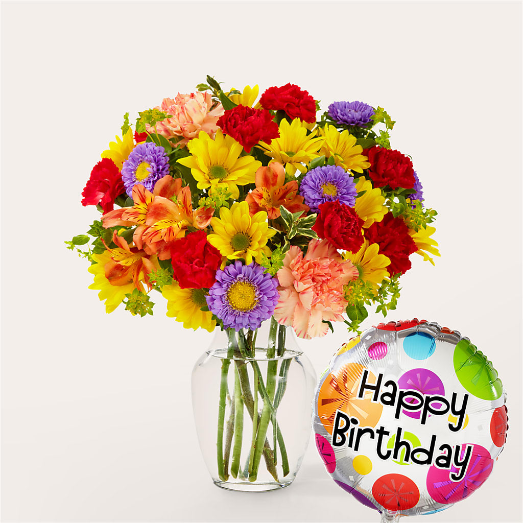 Kaleidoscope Bouquet with Birthday Balloon – Flowers By Elena, Methuen MA