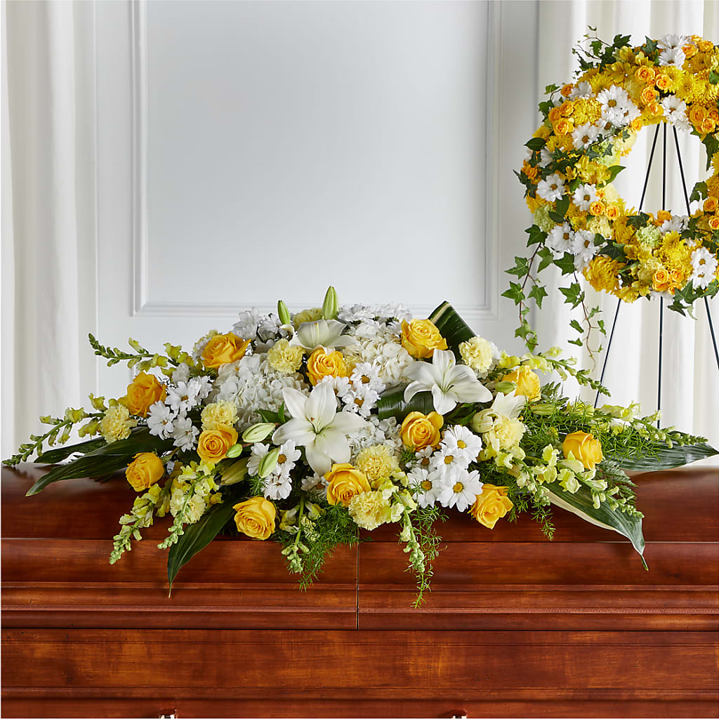 Golden Harmony Casket Spray – Flowers By Elena, Methuen MA