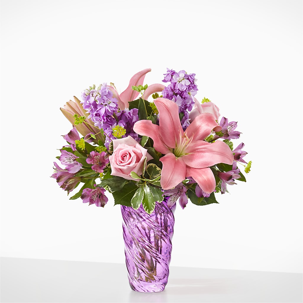 Precious Petals Bouquet with Luxe Swirl Vase – Flowers By Elena, Methuen MA