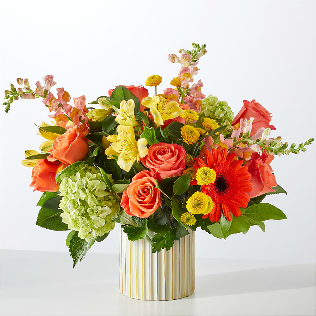 Autumn Sunshine Bouquet with Ivory Vase – Flowers By Elena, Methuen MA