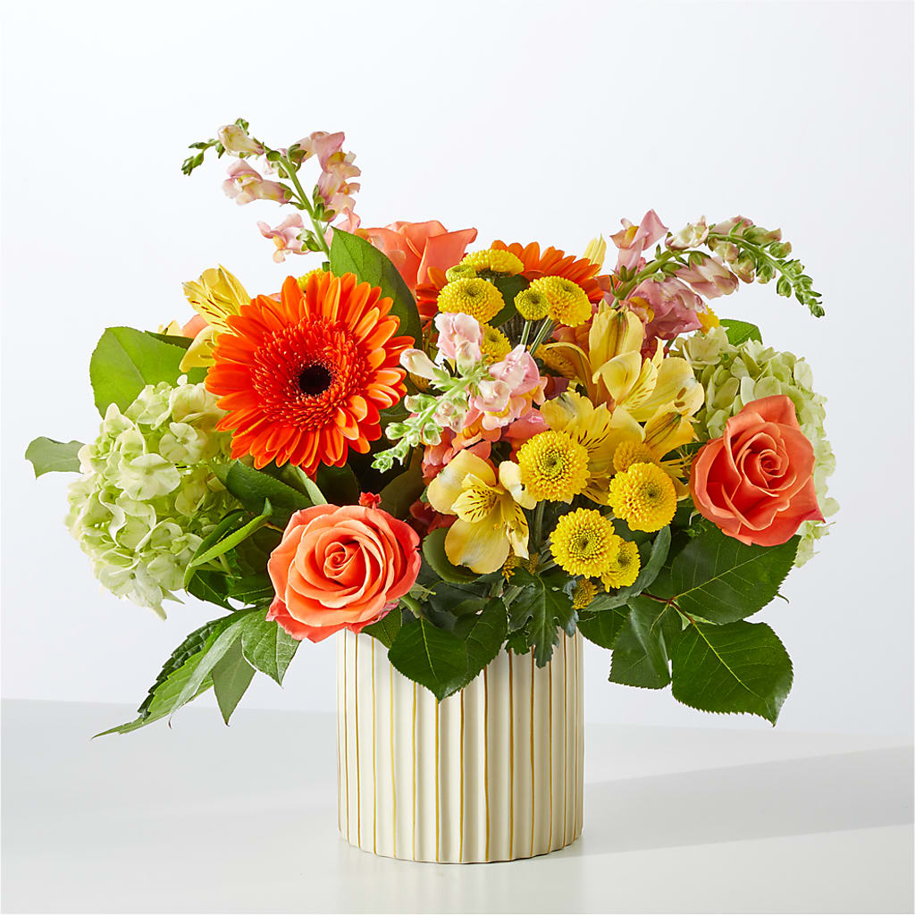 Autumn Sunshine Bouquet with Ivory Vase –  Flowers By Elena, Methuen MA